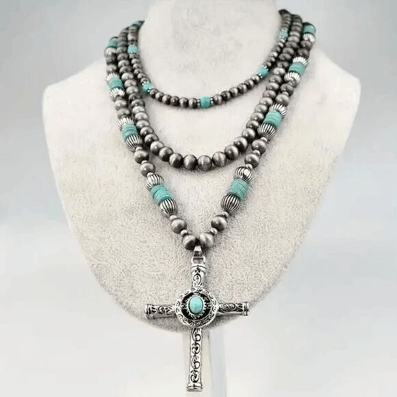 Western Turquoise Beaded Statement Cross Pendant Necklace - 3 Piece - Picture 1 of 7
